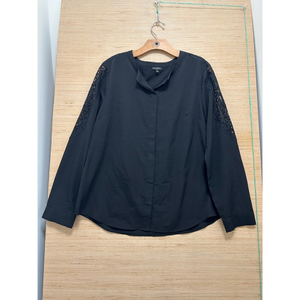 Talbots Womens Black Lace Shoulder Long Sleeve Hidden Button Blouse Size L 4374